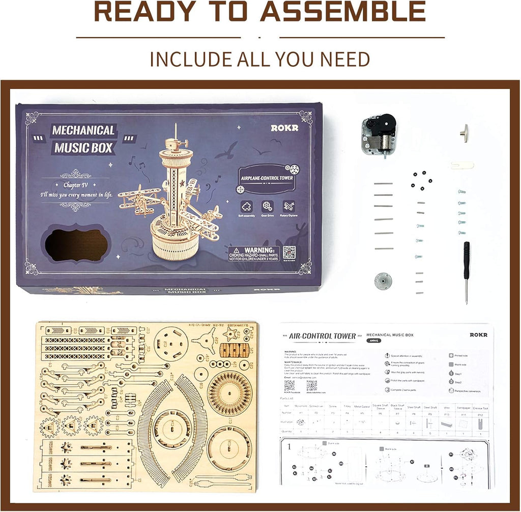 3D Wooden Puzzles Music Box DIY Model Craft Kits Mechanical Airplane-Control Tower Z238