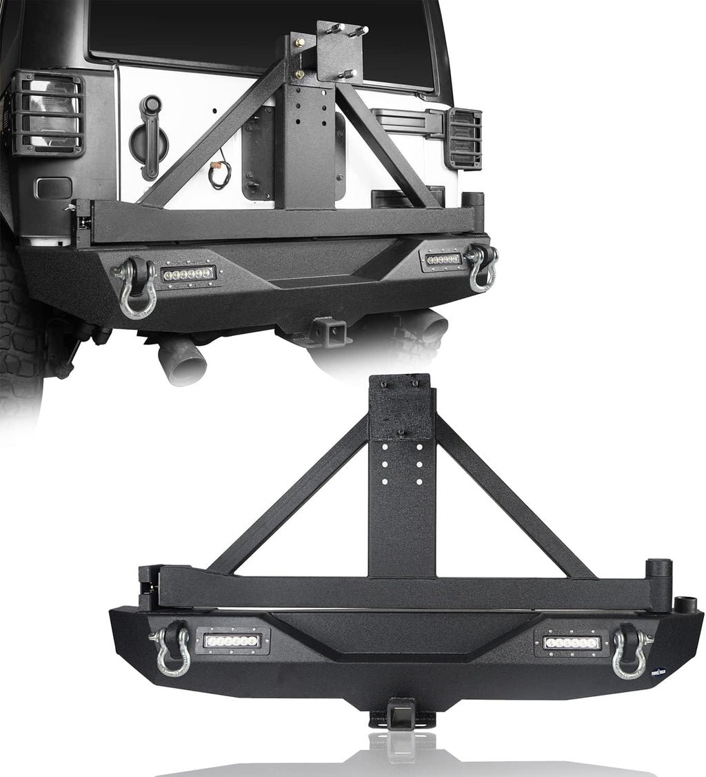 Rear Bumper with Spare Tire Carrier & Receiver Hitch & 2x LED Floodlights Y180909