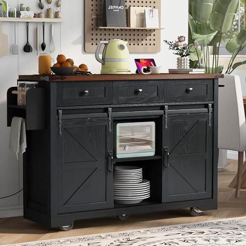 Kitchen Island with Power Outlet, 2 Sliding Barn Door Storage Island with Drop Leaf, Spice Rack Rolling Cart on Wheels W549