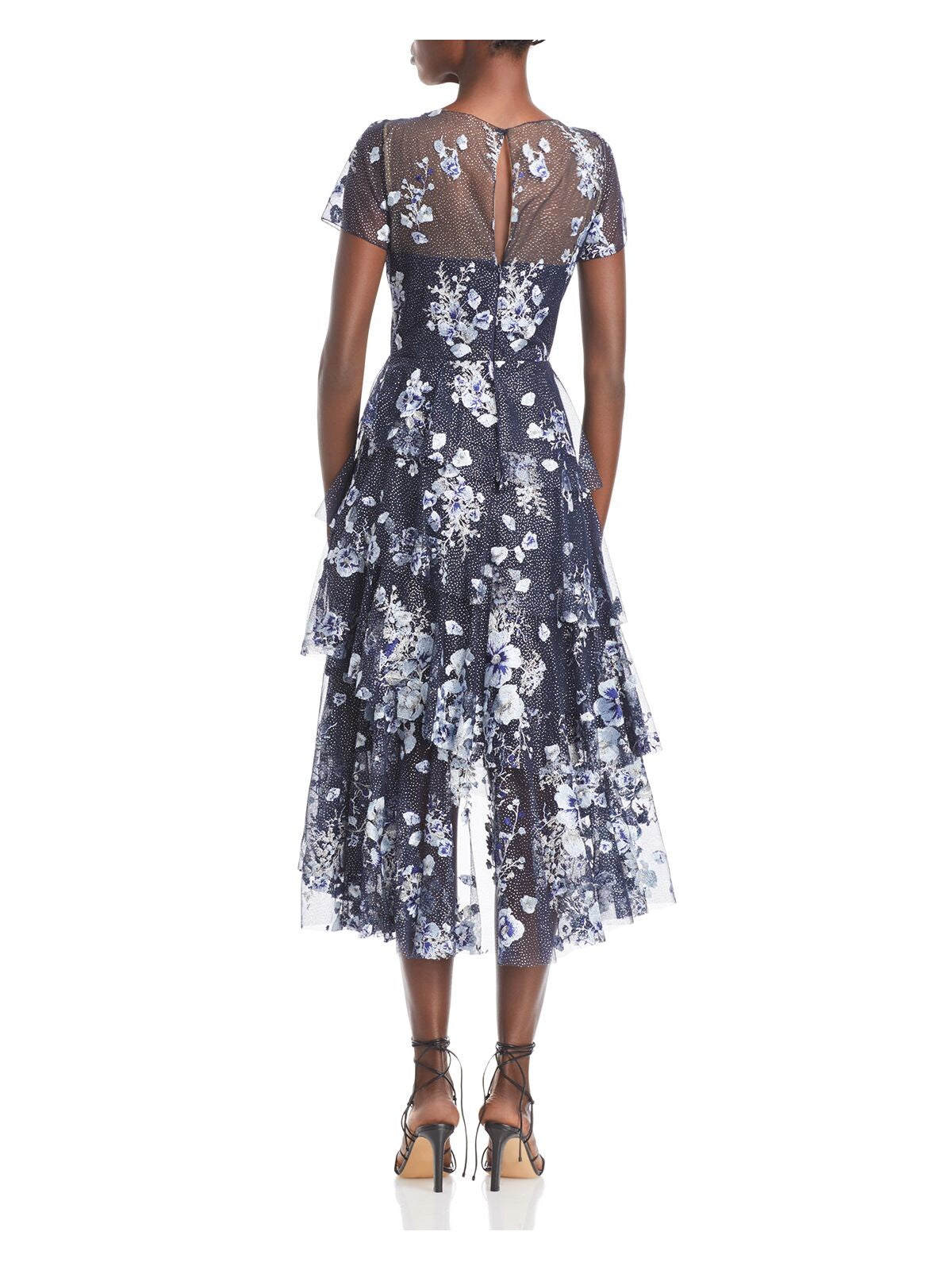 Navy Embroidered Zippered Ruffled Glitter Mesh Floral Short Sleeve Midi Cocktail Dress D38531