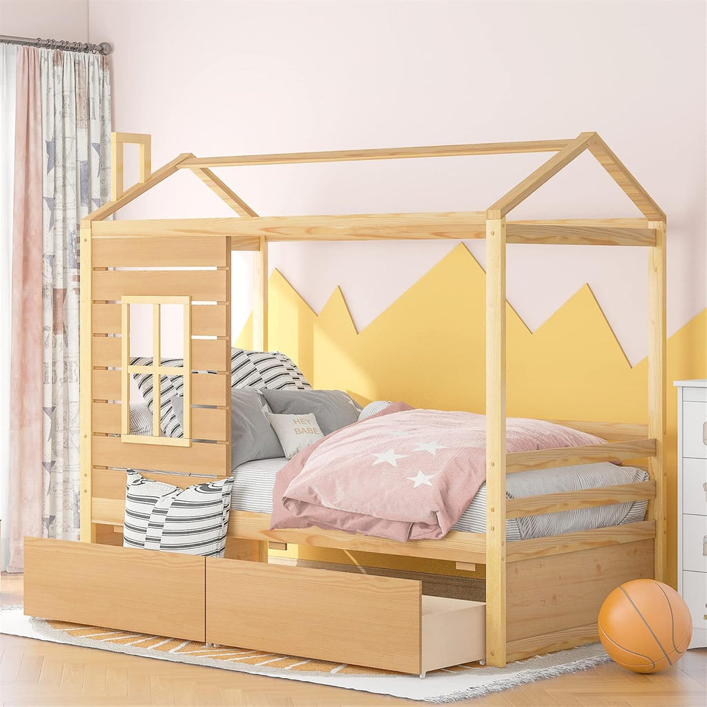 White Twin House Bed with Trundle E874
