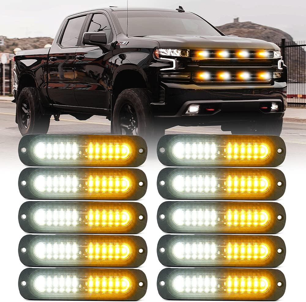Amber 12 LED Emergency Strobe Lights Kit Surface Flush Mount Hazard Warning Flashing Light Head for Off-Road Vehicles ATV Trucks Cars - 10PCS Pack of 2 R988215