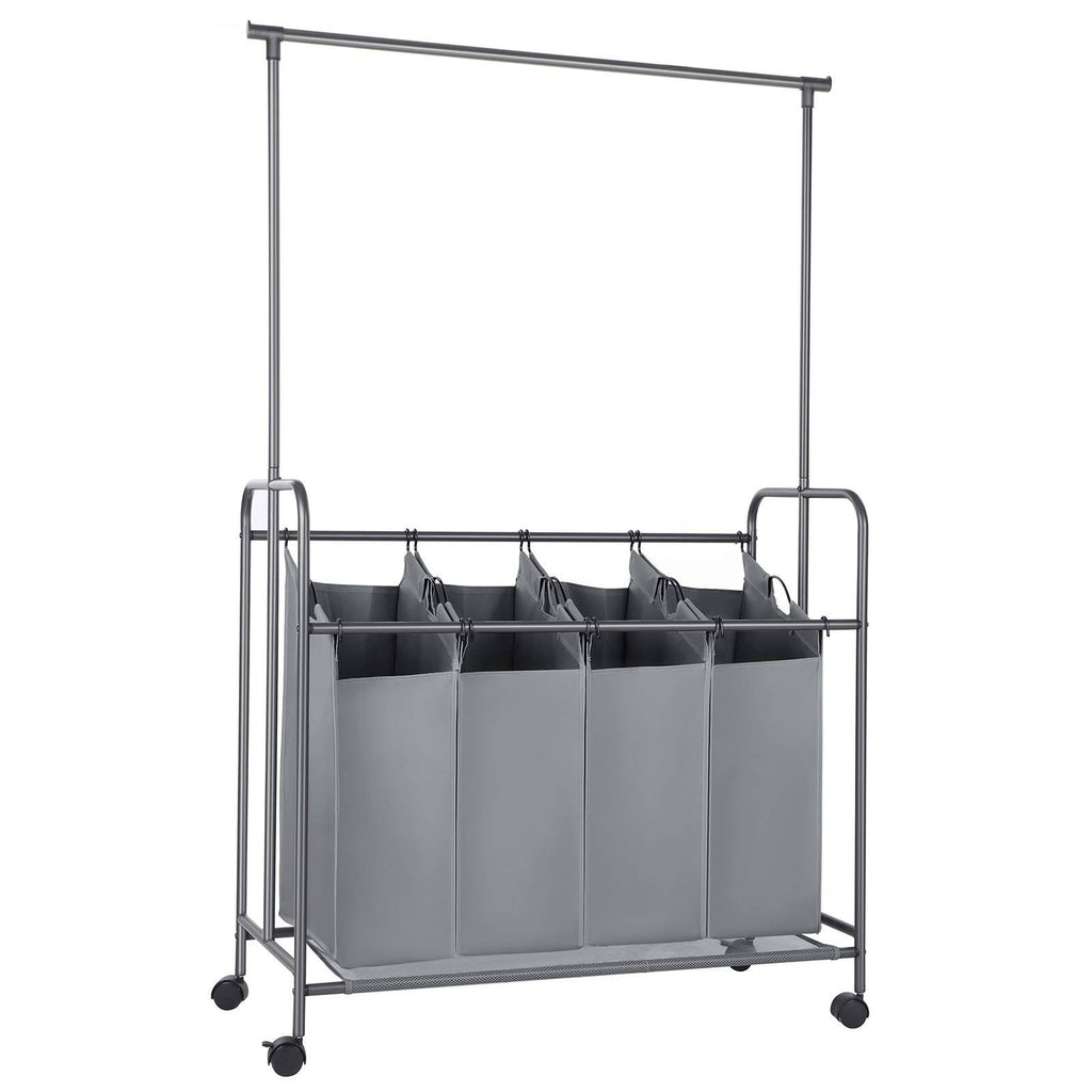 Gray 4-Bag Rolling Laundry Sorter with Hanging Bar Y953