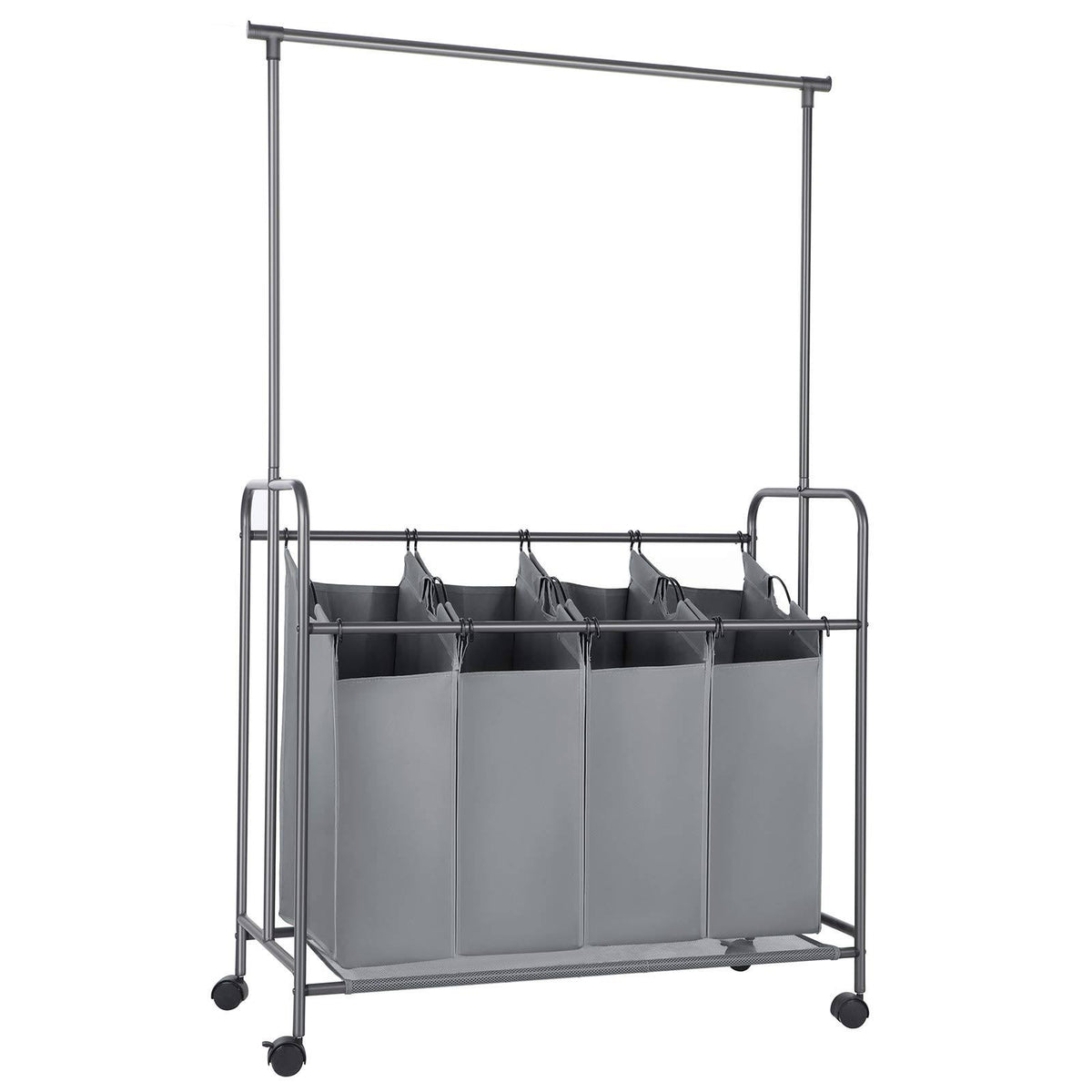 Gray 4-Bag Rolling Laundry Sorter with Hanging Bar Y953