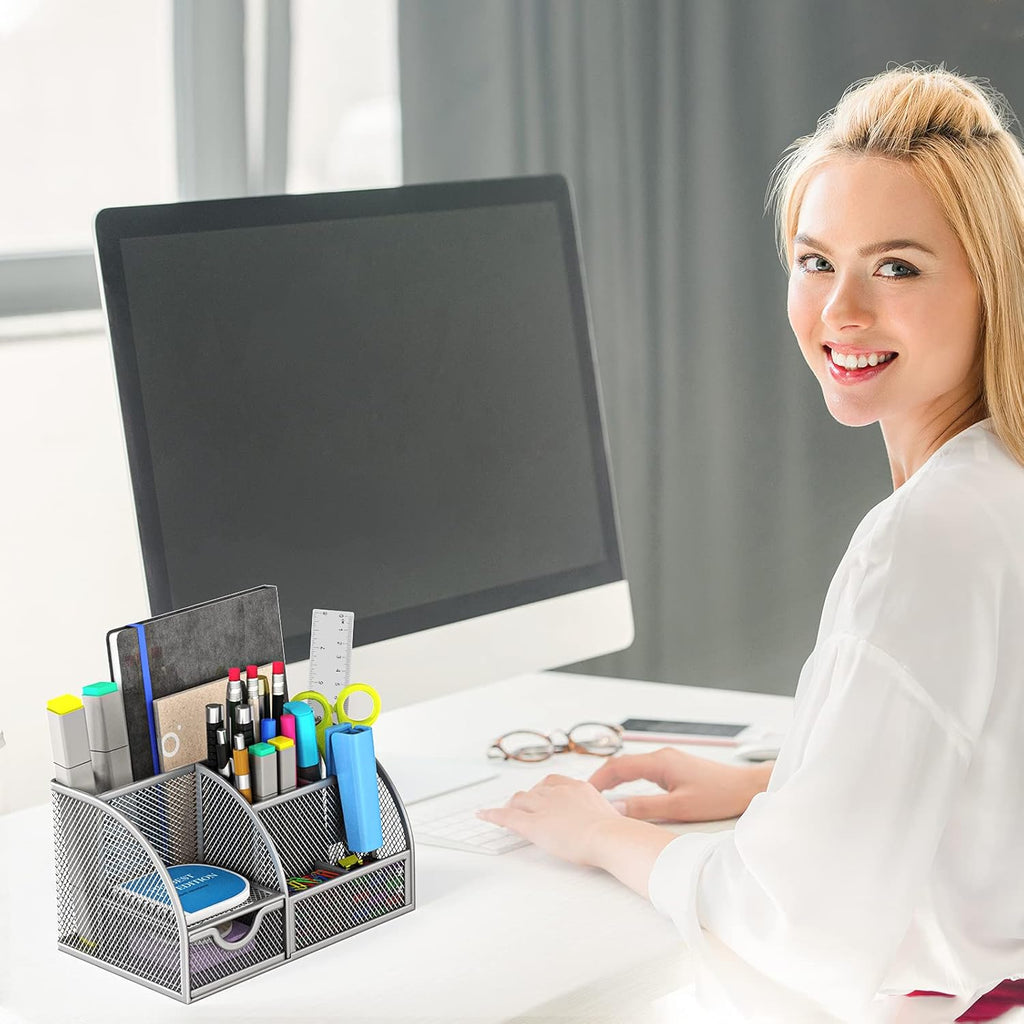 Metal 6 Compartment Desk Organizer with Drawer, Pack of 2 Q25326