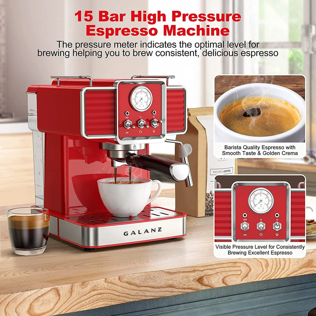 Espresso Machine with Milk Frother, 15 Bar Pump, 1.5L Removable Water Tank, Retro Red, 1350 W C61677