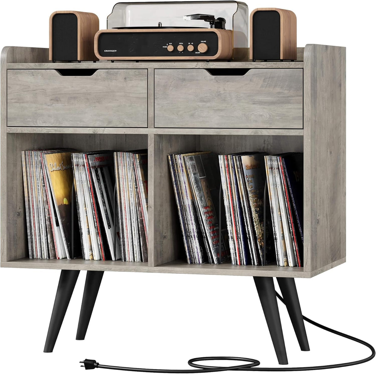Gray Wooden Record Player Stand with Storage and Drawers C612214