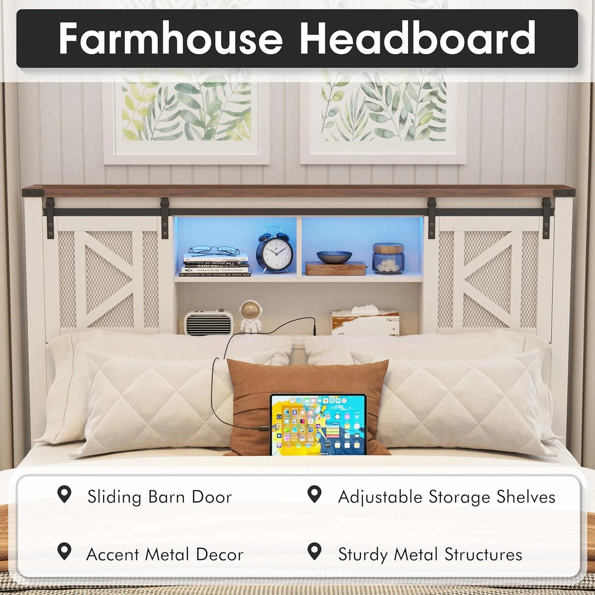 White Queen Size Metal Bed Frame with Headboard and Charging Station J601846