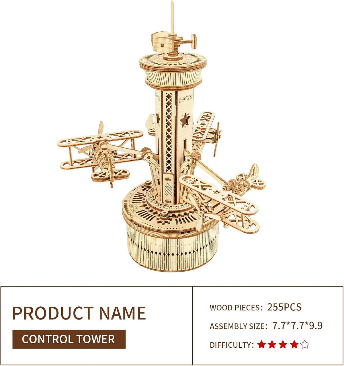 3D Wooden Puzzles Music Box DIY Model Craft Kits Mechanical Airplane-Control Tower Z238