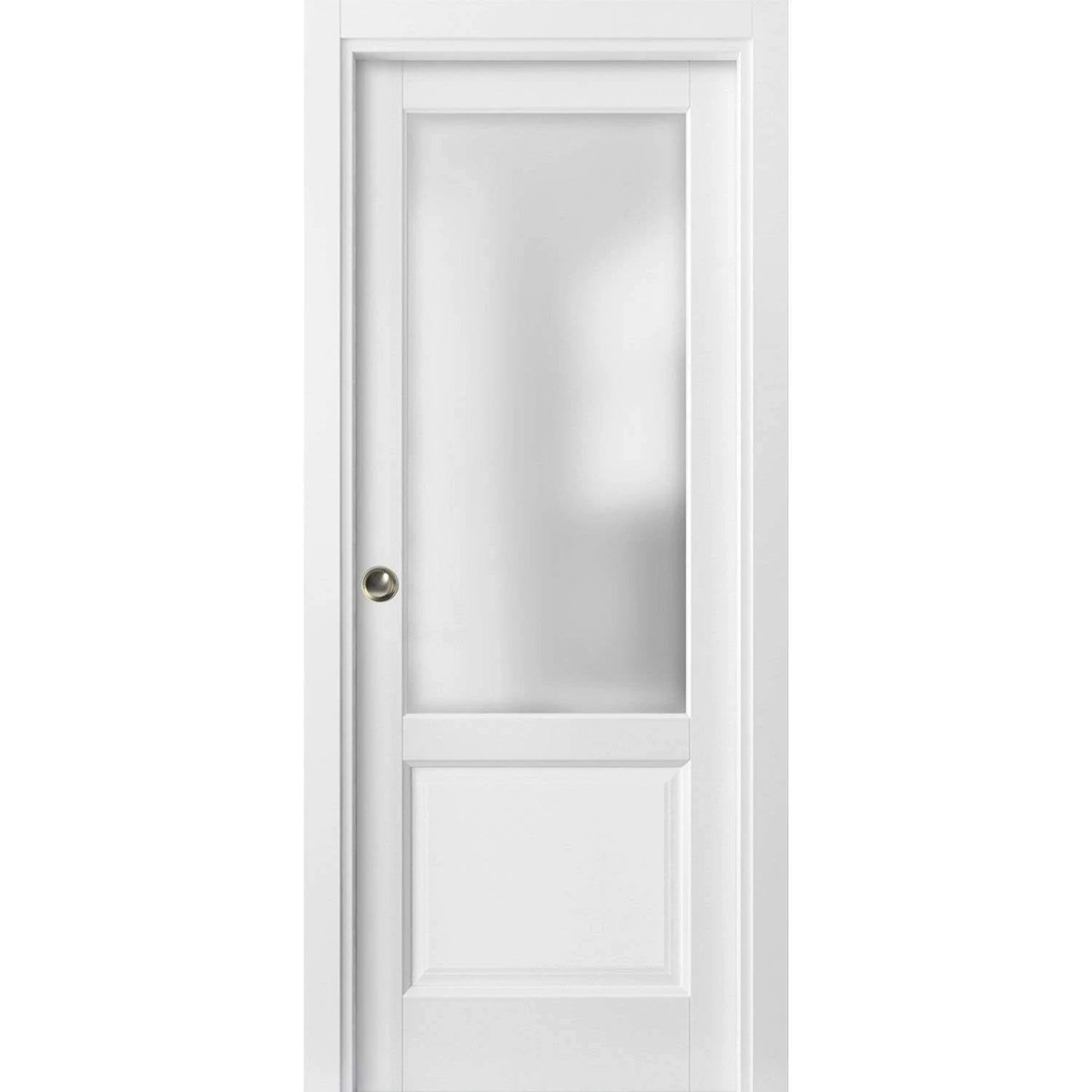 Panel Lite Pocket Door 36 x 80 with Frames Matte White with Glass Rail Hardware Wood Pantry Sliding Door N39540