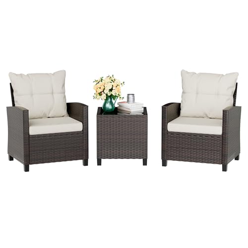 3 Piece Wicker Rattan Patio Furniture Set with Glass Table R29027