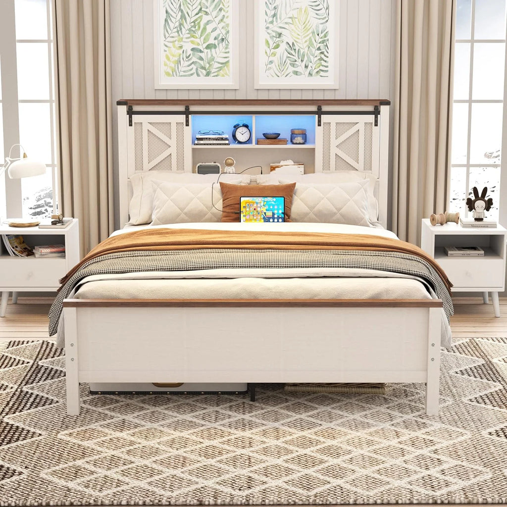 White Queen Size Metal Bed Frame with Headboard and Charging Station J601846