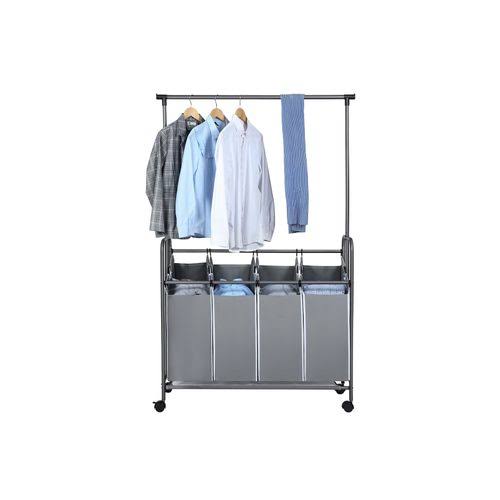 Gray 4-Bag Rolling Laundry Sorter with Hanging Bar Y953