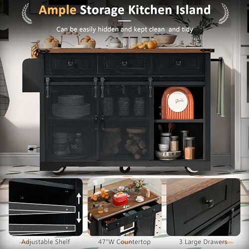 Kitchen Island with Power Outlet, 2 Sliding Barn Door Storage Island with Drop Leaf, Spice Rack Rolling Cart on Wheels W549