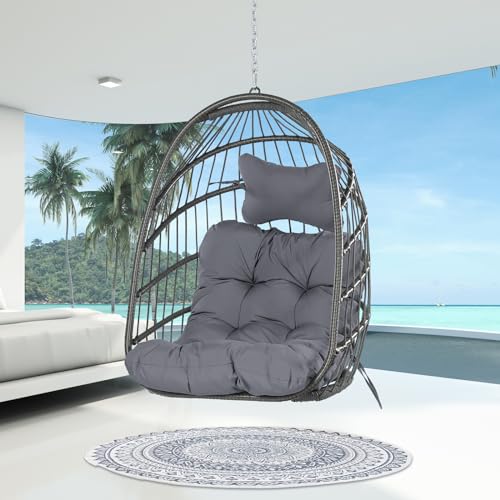 Egg Chair with Cushions, 350lbs Capacity Wicker Hanging Chair, Gray Z912