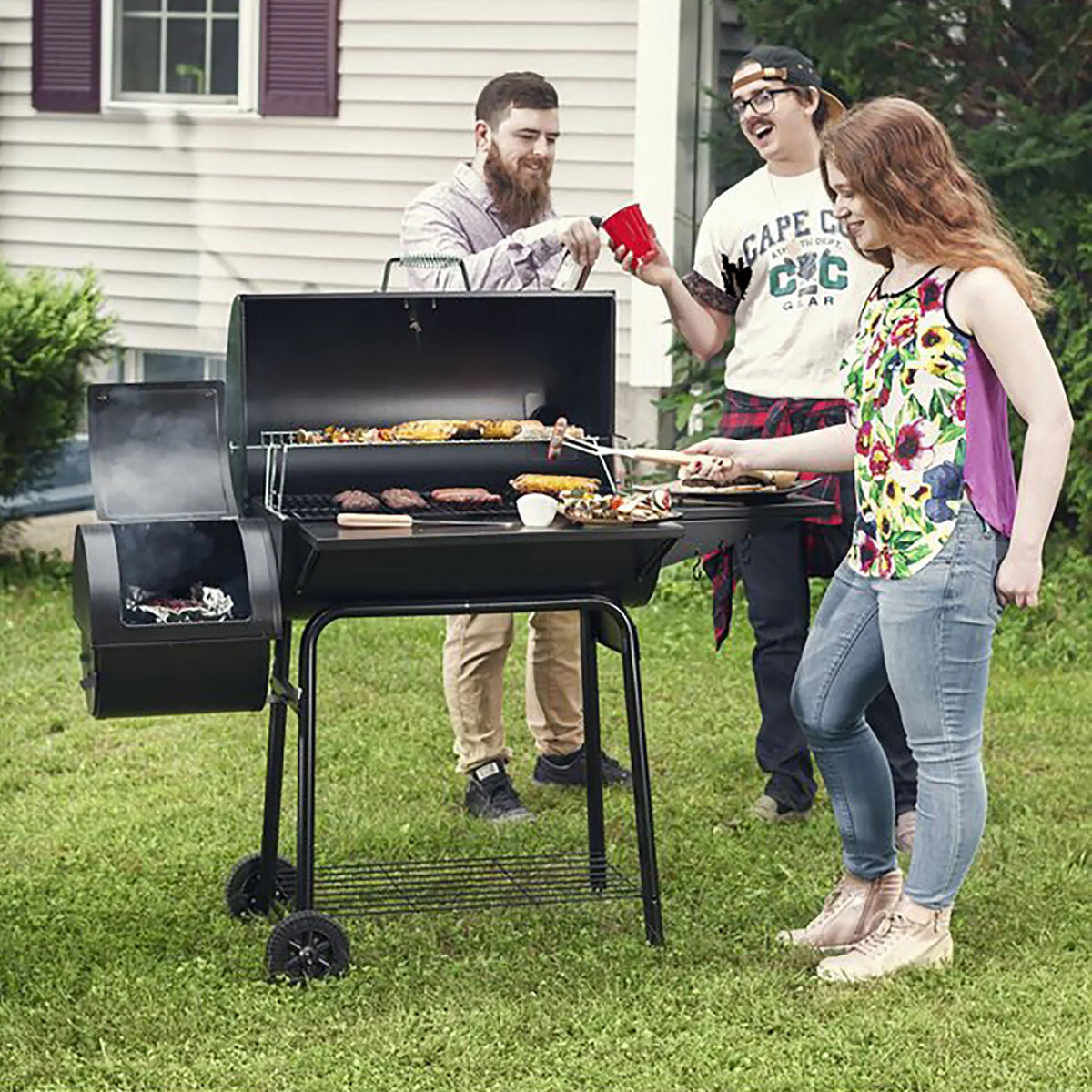 Steel Charcoal Grill with Offset Smoker D451