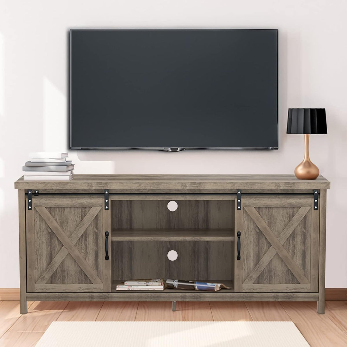 Black Grey Farmhouse TV Stand with Sliding Barn Doors O970