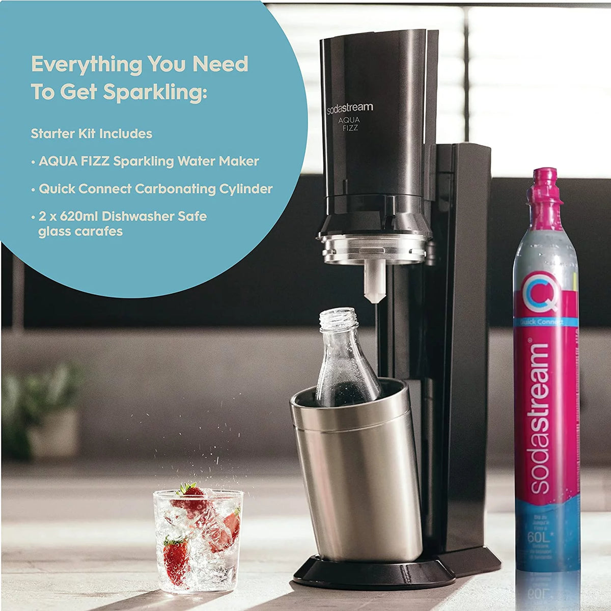 Black Sparkling Water Maker with Co2 and Glass Carafes U25753