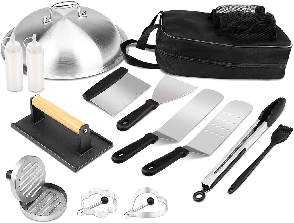 Griddle Tool Set Flat Top Grill Accessories Kit with 304 Melting Dome Lid, Spatulas, Scraper, Egg Rings, Burger Press Carrying Bag & Squirt Bottles A37412