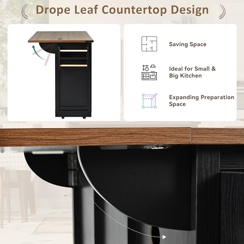 Kitchen Island with Power Outlet, 2 Sliding Barn Door Storage Island with Drop Leaf, Spice Rack Rolling Cart on Wheels W549