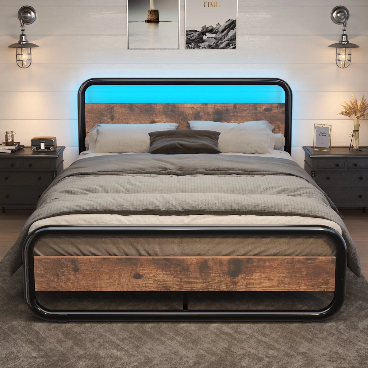 Queen Size Metal Platform Bed Frame with Wooden Headboard T347294