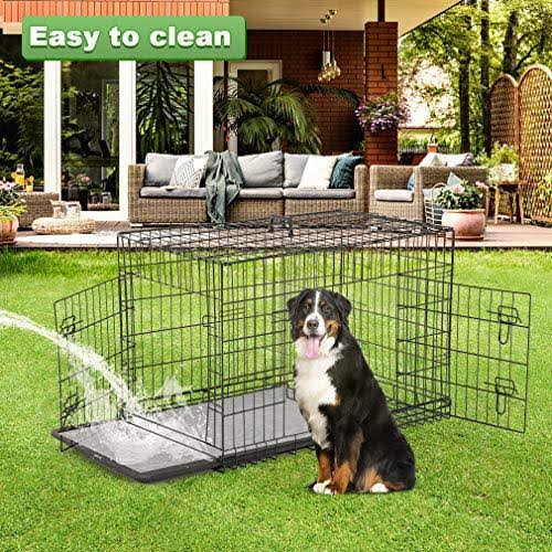 48 inch Large Dog Crate Metal Wire Double-Door Folding Pet Cage with Plastic Tray I958528