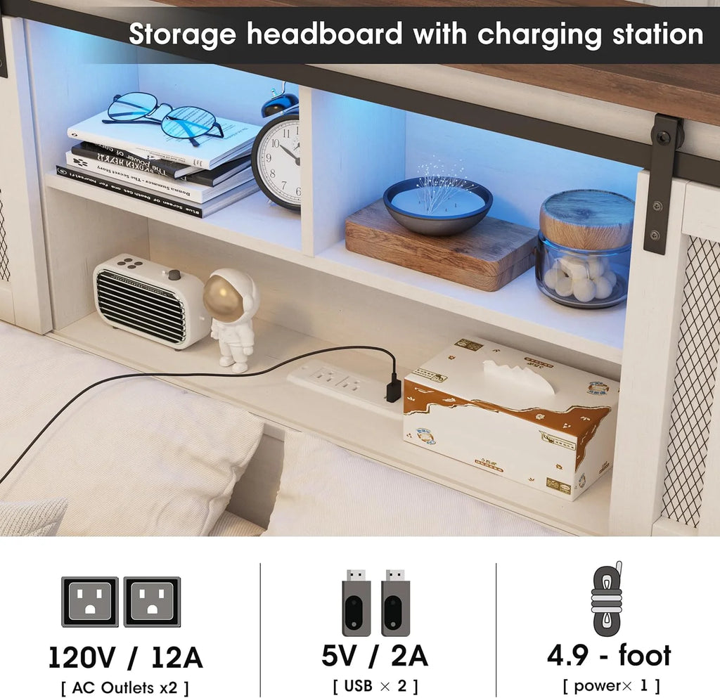 White Queen Size Metal Bed Frame with Headboard and Charging Station J601846