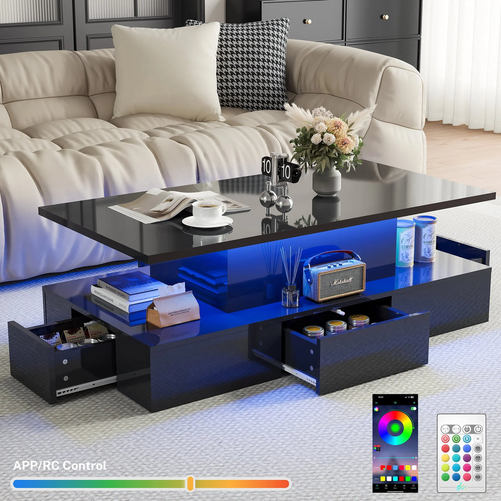 Black LED Coffee Table with 4 Drawers H568882