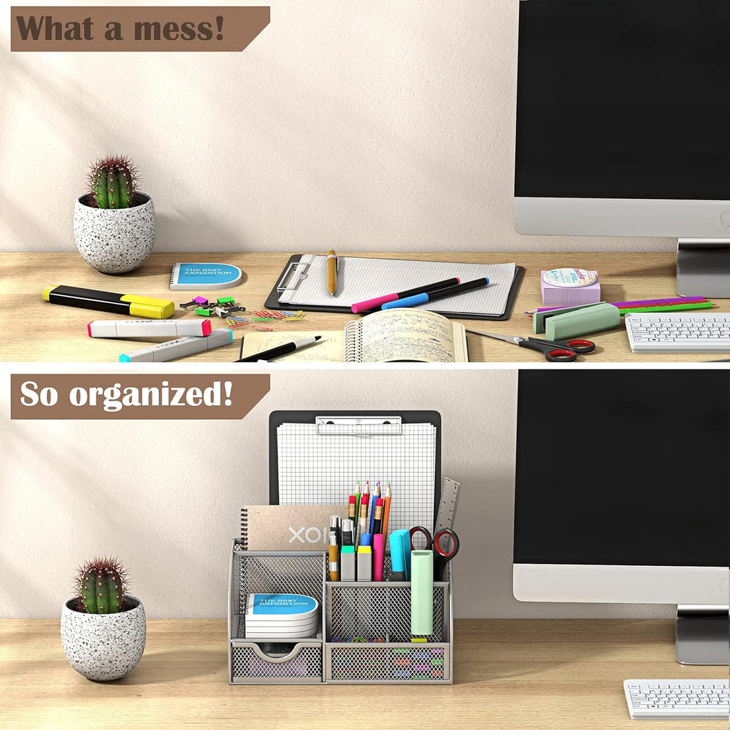 Metal 6 Compartment Desk Organizer with Drawer, Pack of 2 Q25326