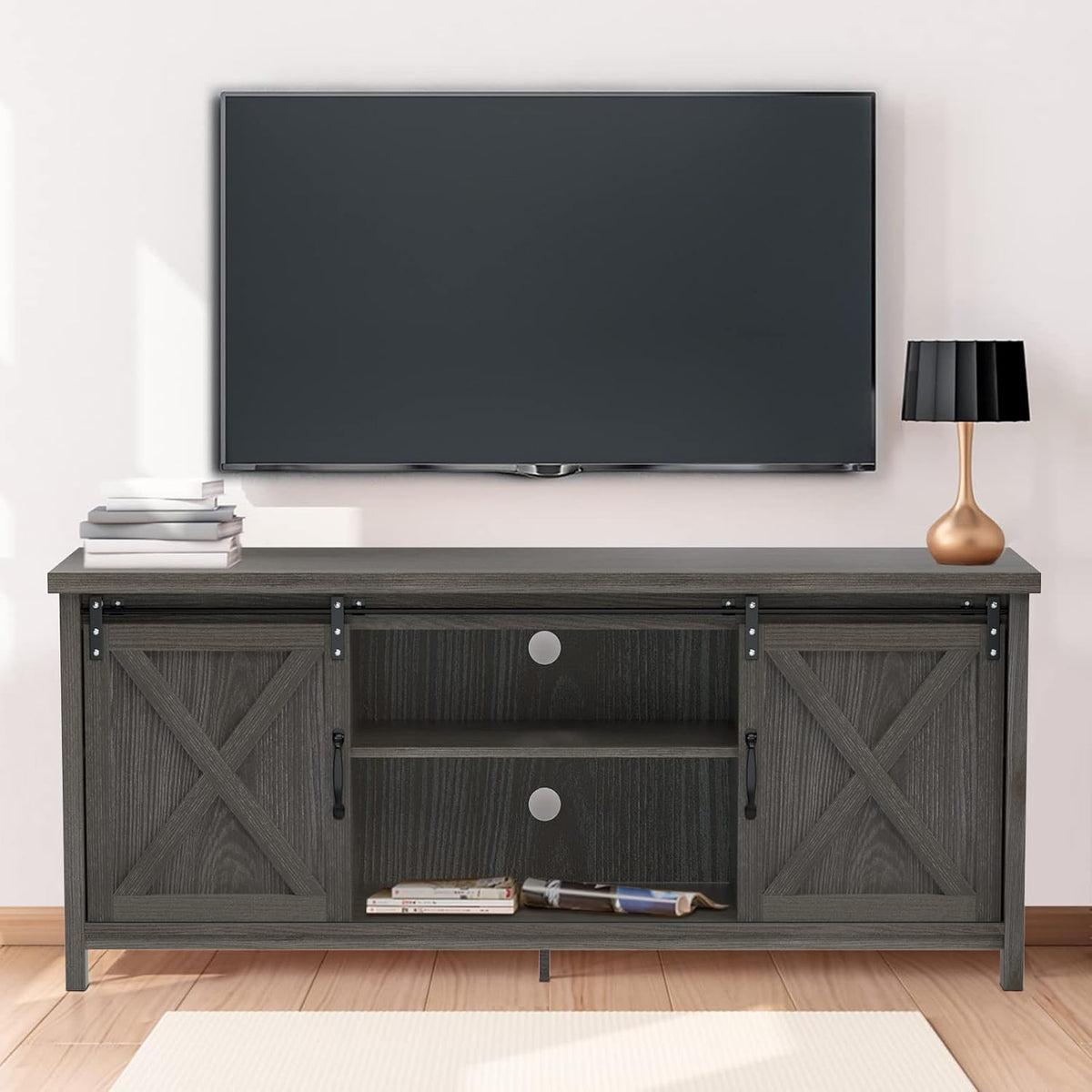 Black Grey Farmhouse TV Stand with Sliding Barn Doors O970