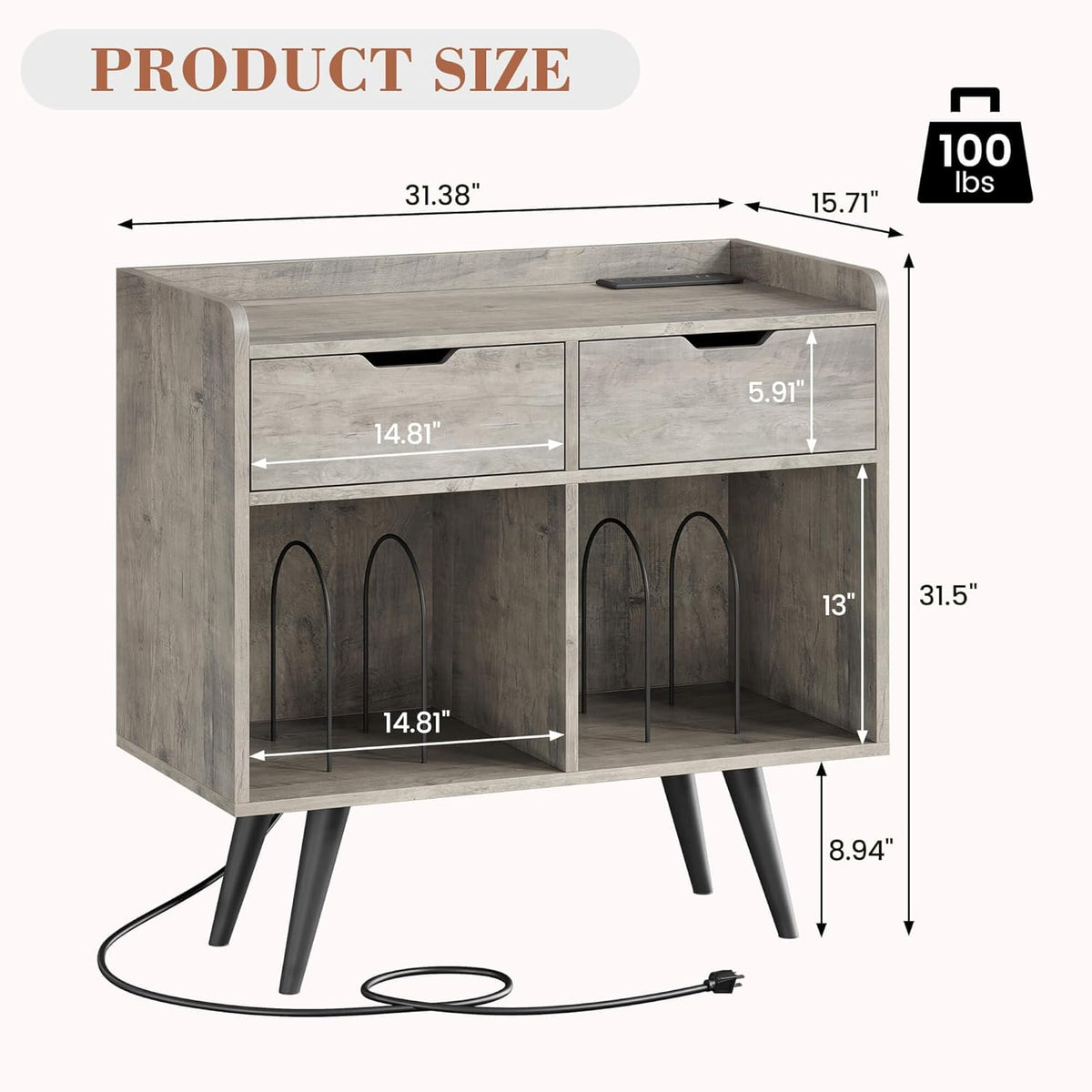 Gray Wooden Record Player Stand with Storage and Drawers C612214