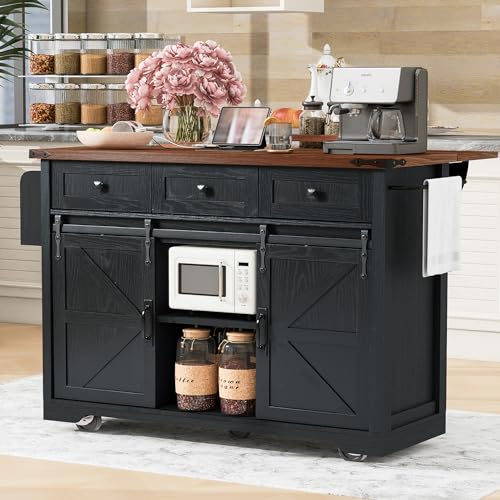 Kitchen Island with Power Outlet, 2 Sliding Barn Door Storage Island with Drop Leaf, Spice Rack Rolling Cart on Wheels W549