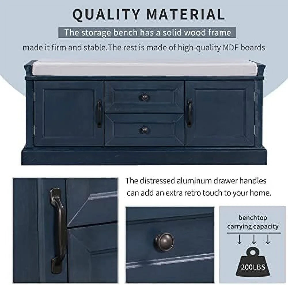Solid Wood Shoe Bench with 3 Doors and Removable Cushion W18528