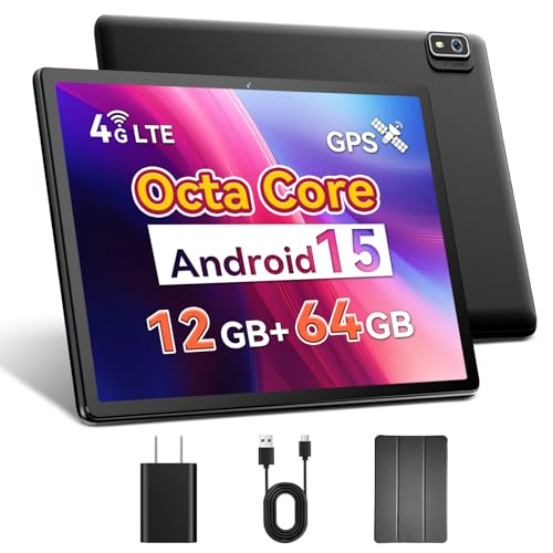 Android 15 Tablet with SIM Card Slot, 4G Cellular, Octa-Core, 12GB+64GB, 2TB Expandable, Dual Cameras, WiFi, BT5.0, GPS, Protective Case E306340