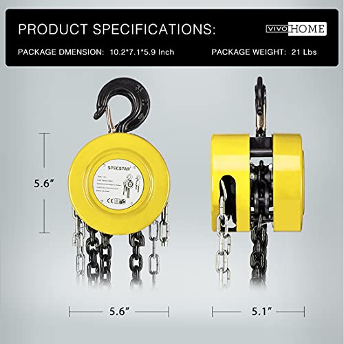 Black Hand Chain Hoist 1 Ton 2200 Lbs Capacity 10 Feet with 2 Heavy Duty Hooks K761914