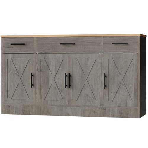 Ash Grey Wood Buffet Cabinet with 3 Drawers and 4 Doors E525763