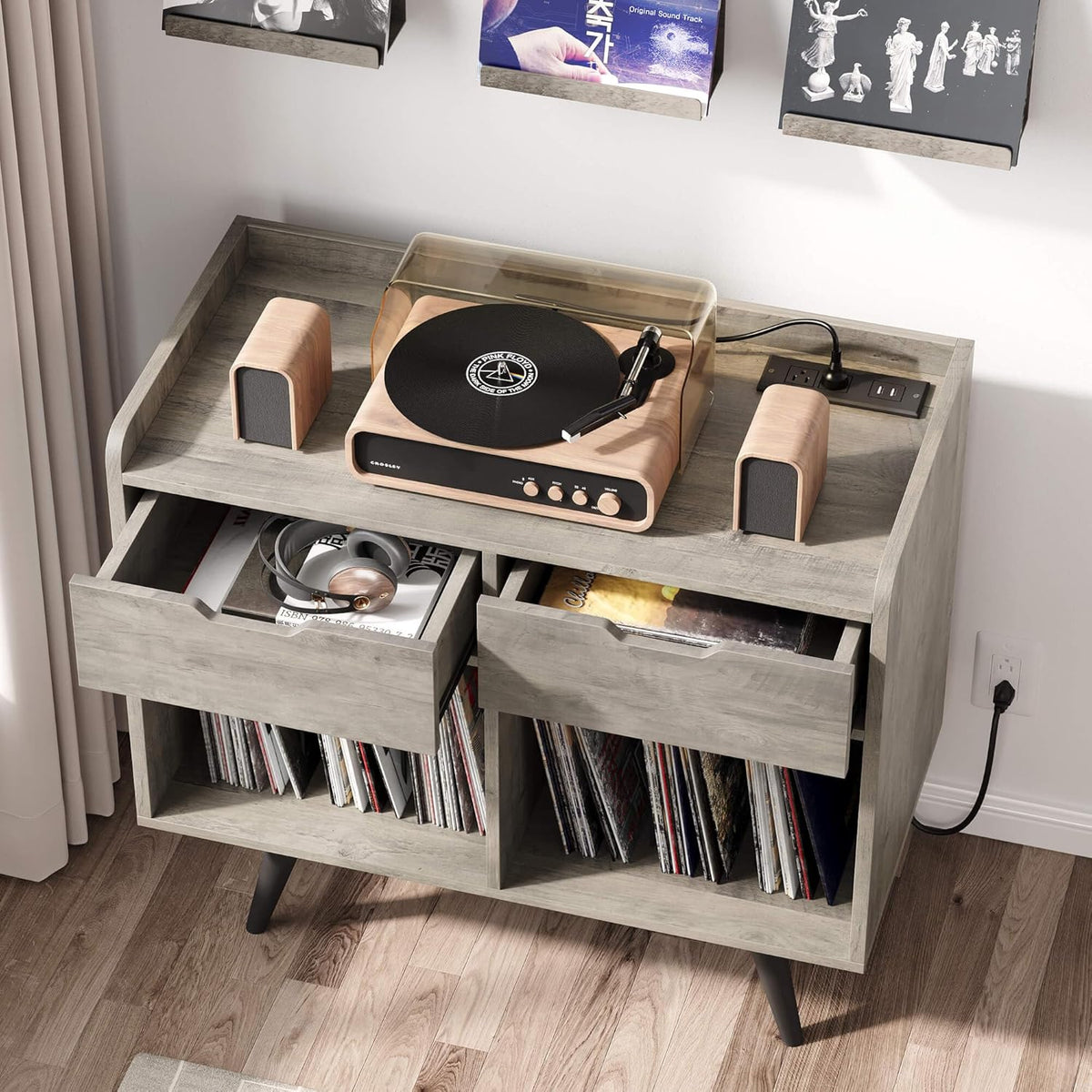 Gray Wooden Record Player Stand with Storage and Drawers C612214