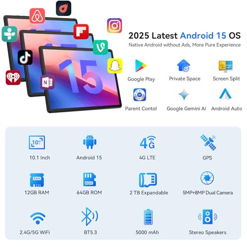 Android 15 Tablet with SIM Card Slot, 4G Cellular, Octa-Core, 12GB+64GB, 2TB Expandable, Dual Cameras, WiFi, BT5.0, GPS, Protective Case E306340