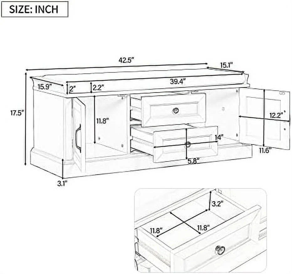 Solid Wood Shoe Bench with 3 Doors and Removable Cushion W18528