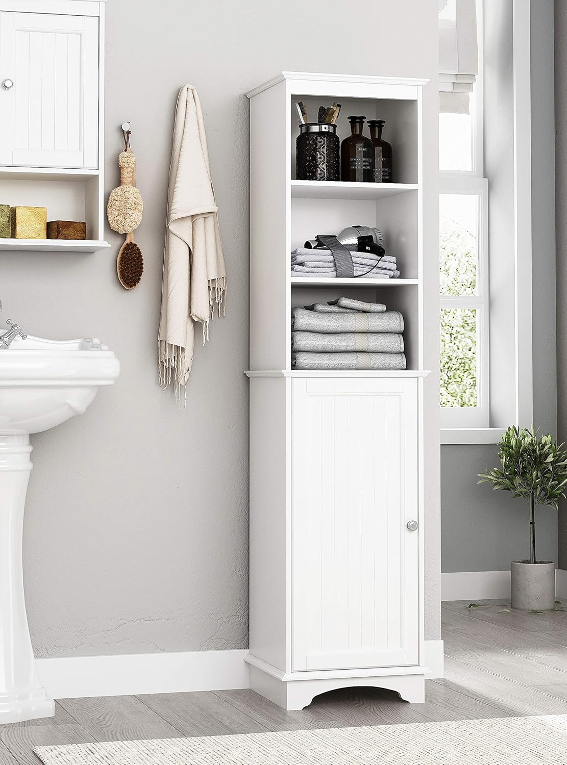 White Freestanding Storage Cabinet with Three Tier Shelves D1054