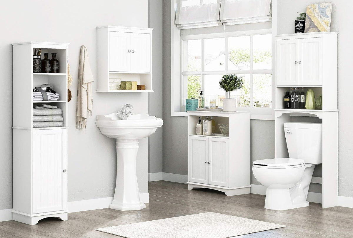 White Freestanding Storage Cabinet with Three Tier Shelves D1054