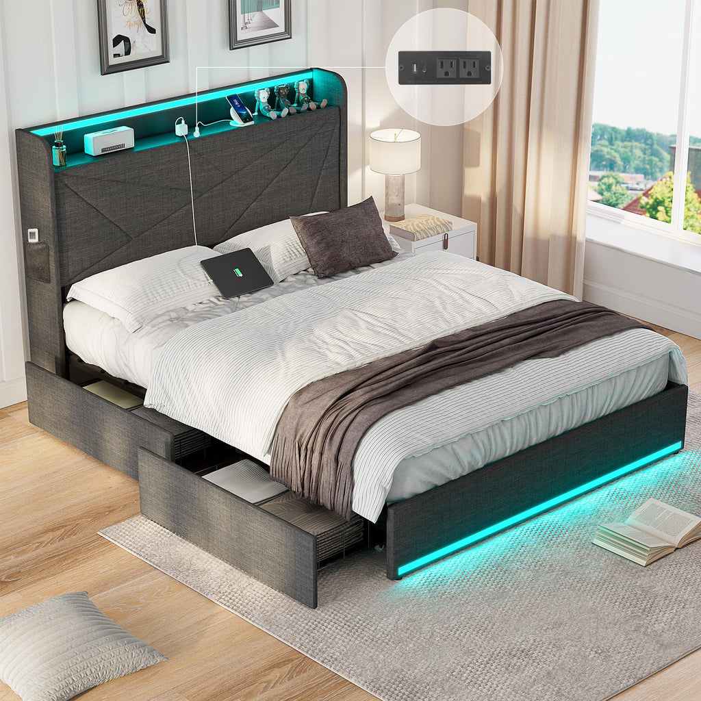 Full Size Upholstered Bed Frame with 4 Storage Drawers and LED Lights U405678