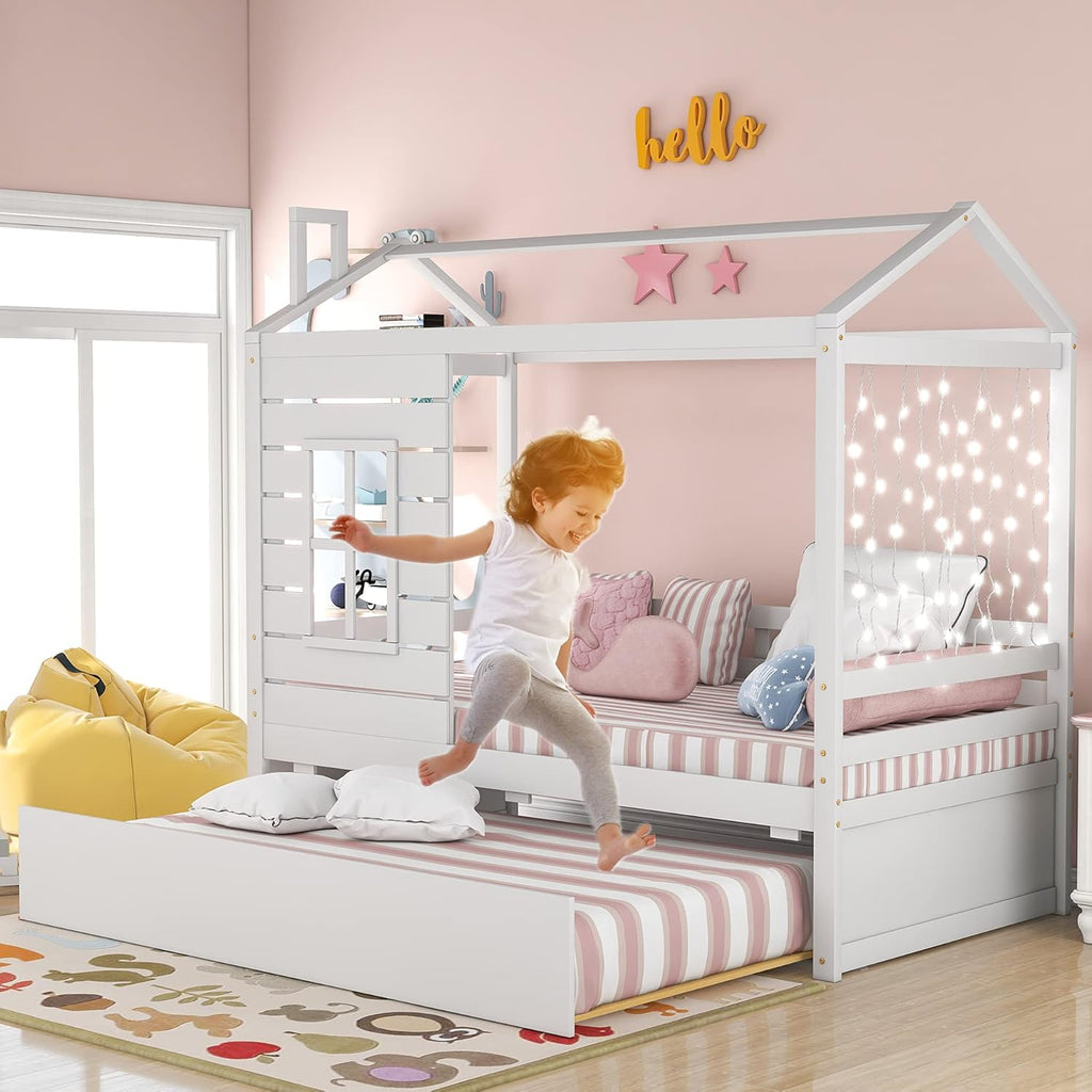 White Twin House Bed with Trundle E874