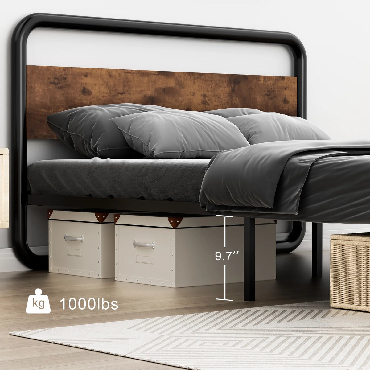 Queen Size Metal Platform Bed Frame with Wooden Headboard T347294