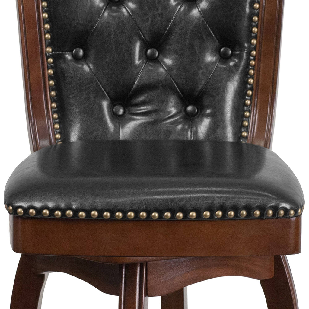 26 Inch Cappuccino Wood Counter Height Stool with Black Leather Swivel Seat Q352