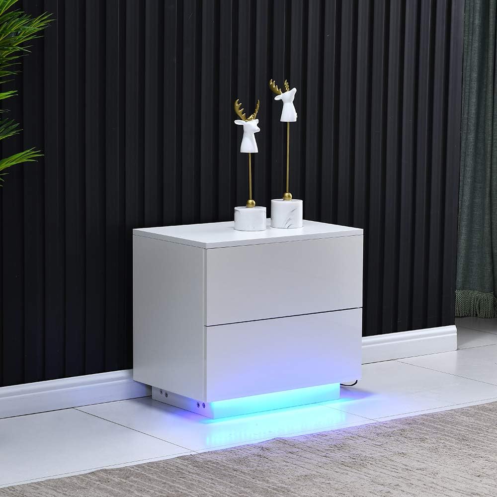 White High Gloss Bedside Table with 2 Storage Drawers and LED Lights M866