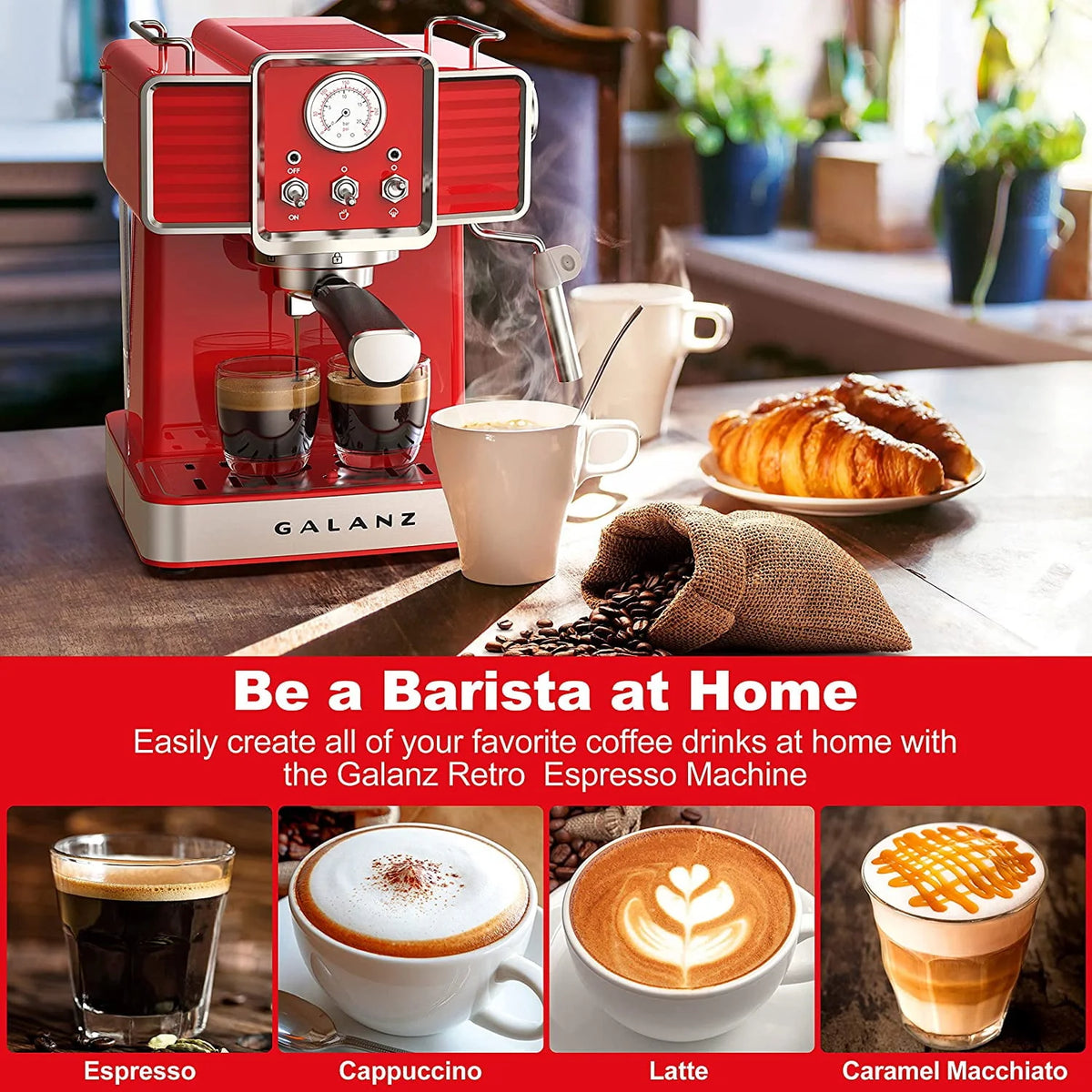 Espresso Machine with Milk Frother, 15 Bar Pump, 1.5L Removable Water Tank, Retro Red, 1350 W C61677