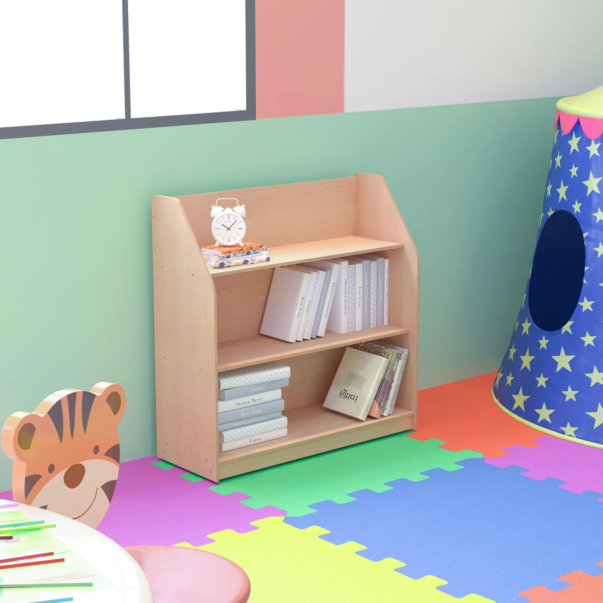 Natural Wood Book Storage Shelf with 4 Storage Slats E12454