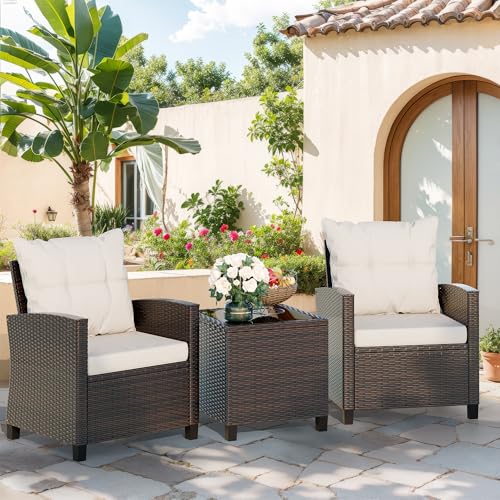 3 Piece Wicker Rattan Patio Furniture Set with Glass Table R29027