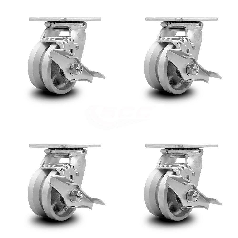 4x22 x 2x22 V Groove Semi Steel Wheel Swivel Casters with Brakes, Set of 4 B6284